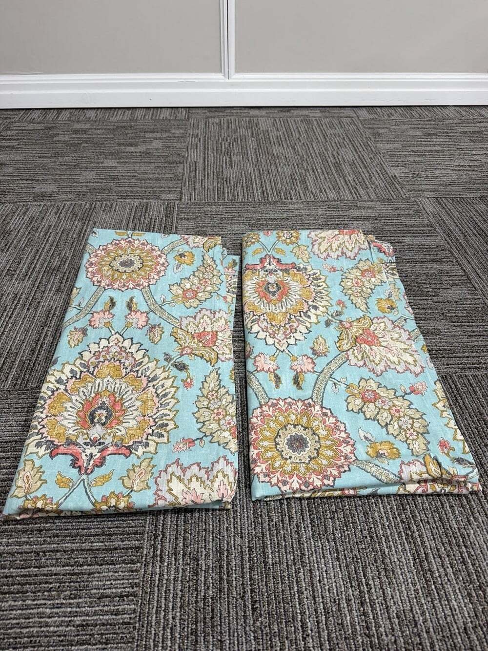 2 Curtain Panels WAVERLY Clifton Hall Aqua/CoralJacobean Floral Cotton 95L X42W